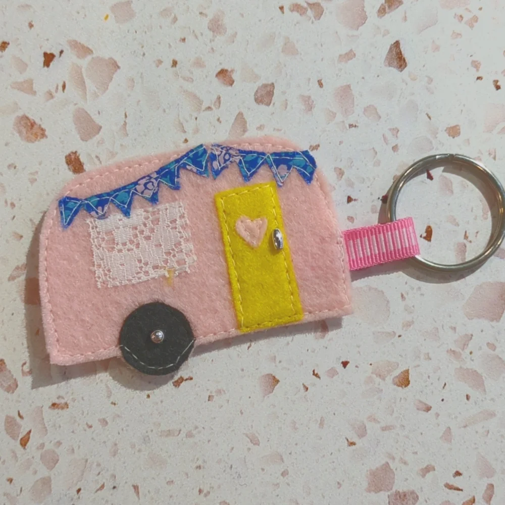 Happy Camper Handcrafted Key Fob Retro Positive Felt Lace Ribbon Beads | New #2